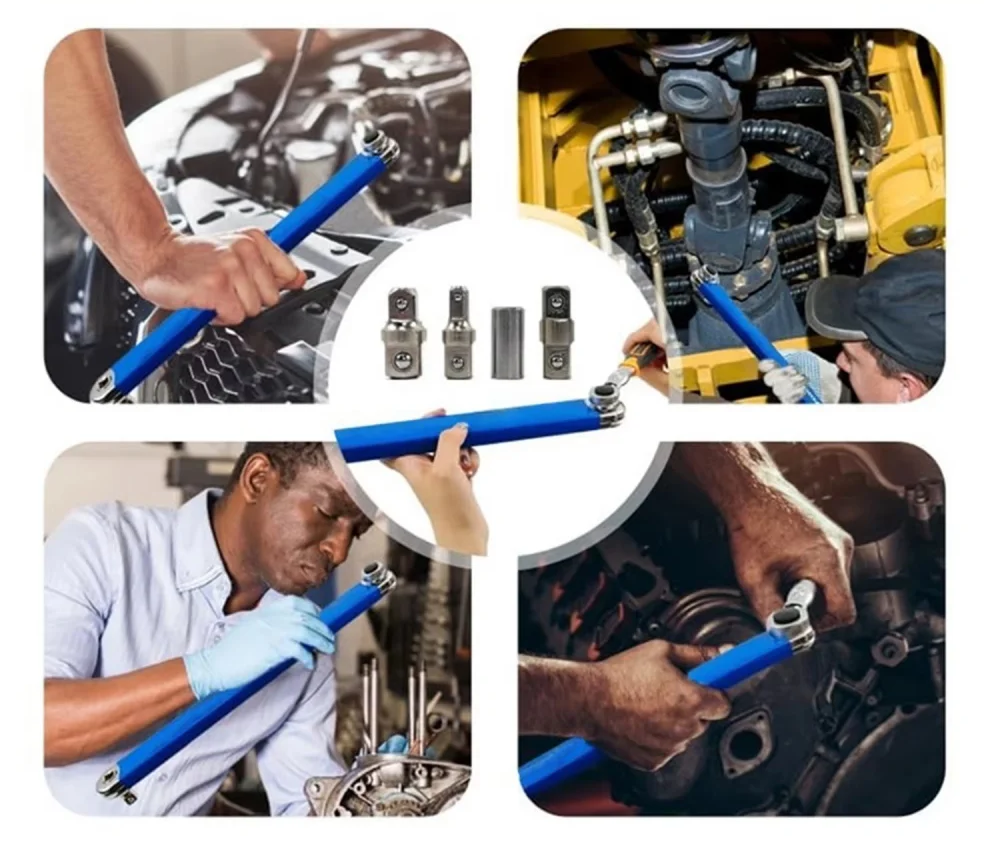 Mechanics using the ratchet wrench extension bar on cars and heavy machinery
