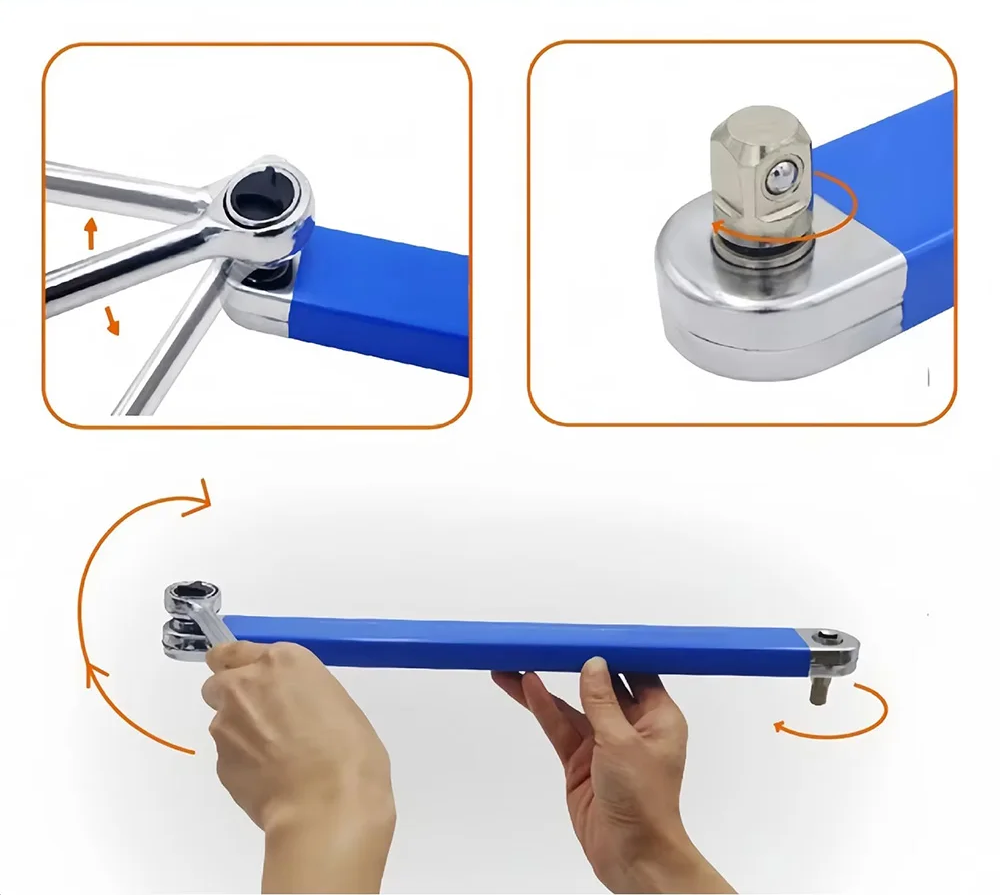 Close-up of the ratchet mechanism and swivel joint on the wrench extension bar