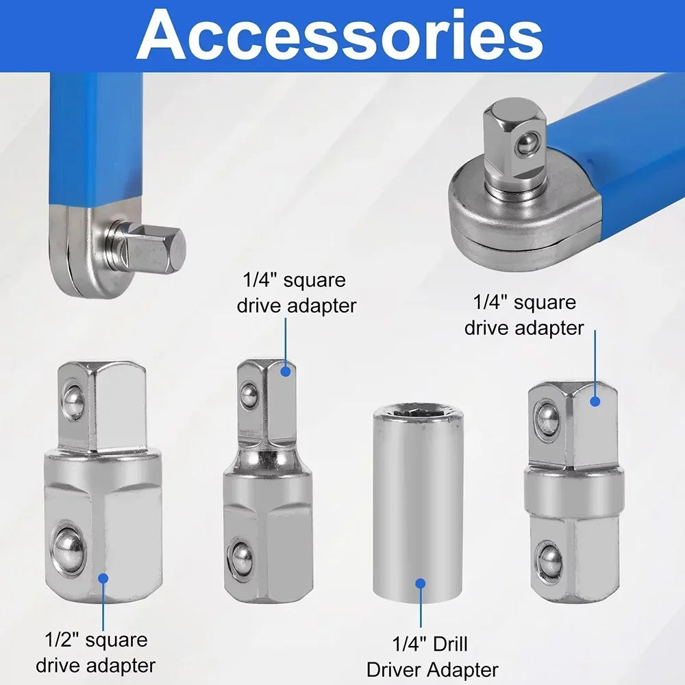 Close-up of four square drive adapters included with the ratchet wrench extension bar