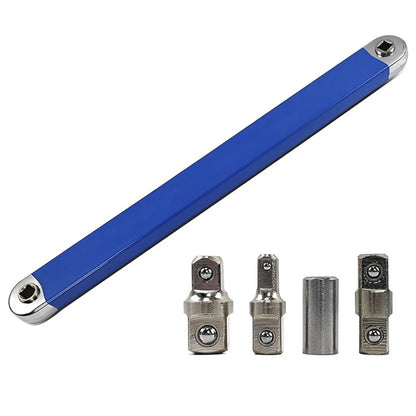 Universal ratchet wrench extension bar with four included square drive adapters