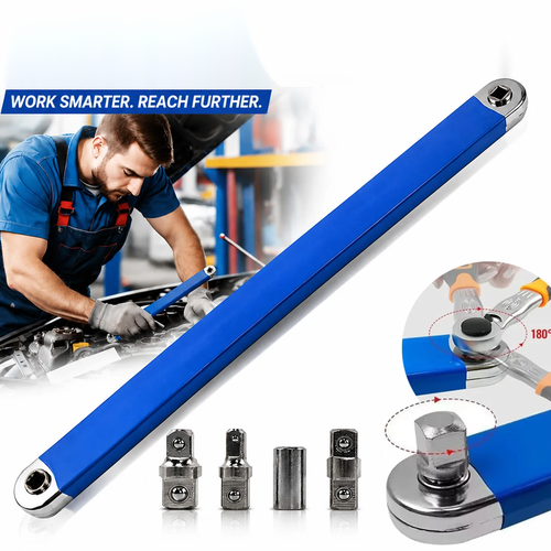 Mechanic using a universal ratchet wrench extension bar to reach a tight engine bolt